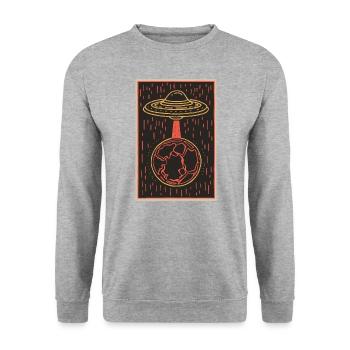 Schwebendes Raumschiff über Deutschland - Unisex Pullover - Weißgrau meliert - Vorne - Alina (178cm) & Michal (187cm)