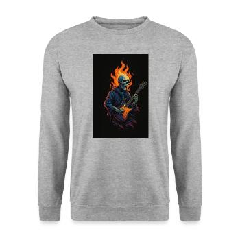 "Flaming Riffs – Skeleton Rocks the Stage" - Unisex Sweatshirt - salt & pepper - Front - Alina (178cm) & Michal (187cm)