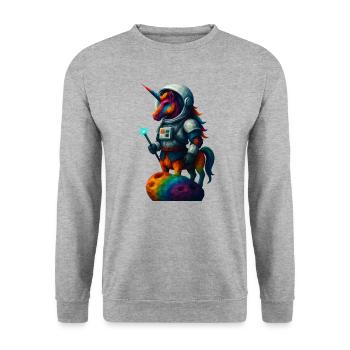 WPAP Stil Tiere - Einhorn im Astronauten Anzug - Unisex Pullover - Weißgrau meliert - Vorne - Alina (178cm) & Michal (187cm)