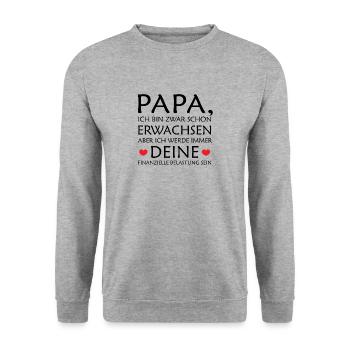 Papa: Finanzielle Belastung - Geschenk - Unisex Pullover - Weißgrau meliert - Vorne - Alina (178cm) & Michal (187cm)