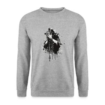 Betende Hände Rosenkranz Schwarz Weiss - Unisex Pullover - Weißgrau meliert - Vorne - Alina (178cm) & Michal (187cm)