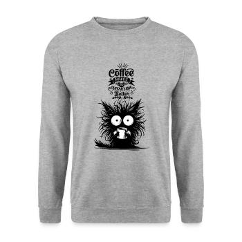 Kaffee Katze Koffein Büro Kollege Motivation Funny - Unisex Pullover - Weißgrau meliert - Vorne - Alina (178cm) & Michal (187cm)