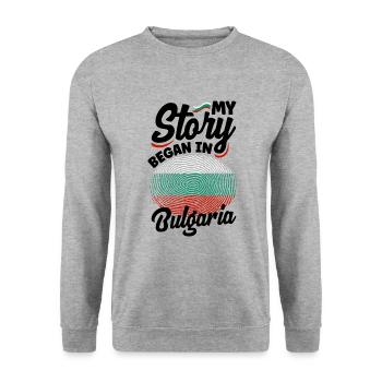 Bulgarisch Bulgarien Bulgarische Flagge Meine Geschichte begann - Unisex Pullover - Weißgrau meliert - Vorne - Alina (178cm) & Michal (187cm)