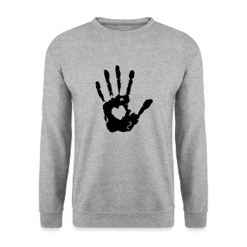 Stopp Hand links Herz Abdruck Print - Unisex Pullover - Weißgrau meliert - Vorne - Alina (178cm) & Michal (187cm)