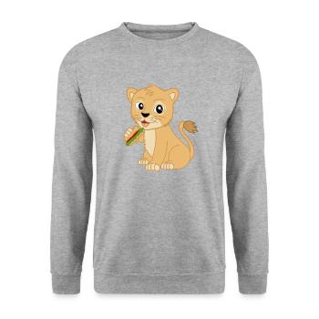 Süßer Baby Löwe mit Sandwich - Unisex Pullover - Weißgrau meliert - Vorne - Alina (178cm) & Michal (187cm)