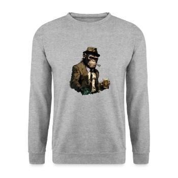 Cooler Gangster Schimpanse mit Bier - Unisex Pullover - Weißgrau meliert - Vorne - Alina (178cm) & Michal (187cm)