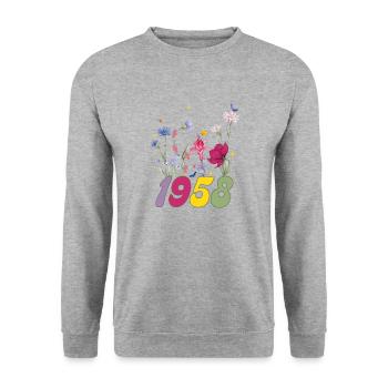 Year of birth 1958 wildflowers - Unisex Sweatshirt - salt & pepper - Front - Alina (178cm) & Michal (187cm)