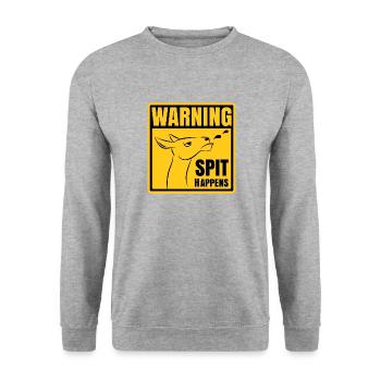 Warning - Spit happens | Lustiges Lama-Design - Unisex Pullover - Weißgrau meliert - Vorne - Alina (178cm) & Michal (187cm)