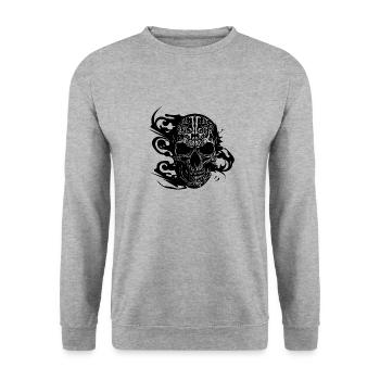 Brennender grinsender Tattoo Schädel - Unisex Pullover - Weißgrau meliert - Vorne - Alina (178cm) & Michal (187cm)