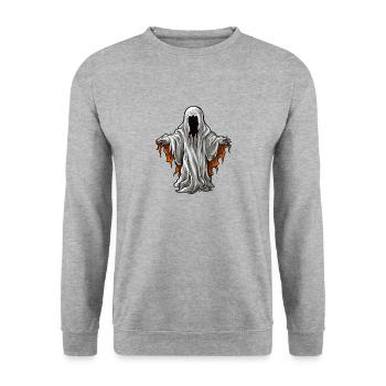Schwebender gruseliger Halloween Horror Geist - Unisex Pullover - Weißgrau meliert - Vorne - Alina (178cm) & Michal (187cm)