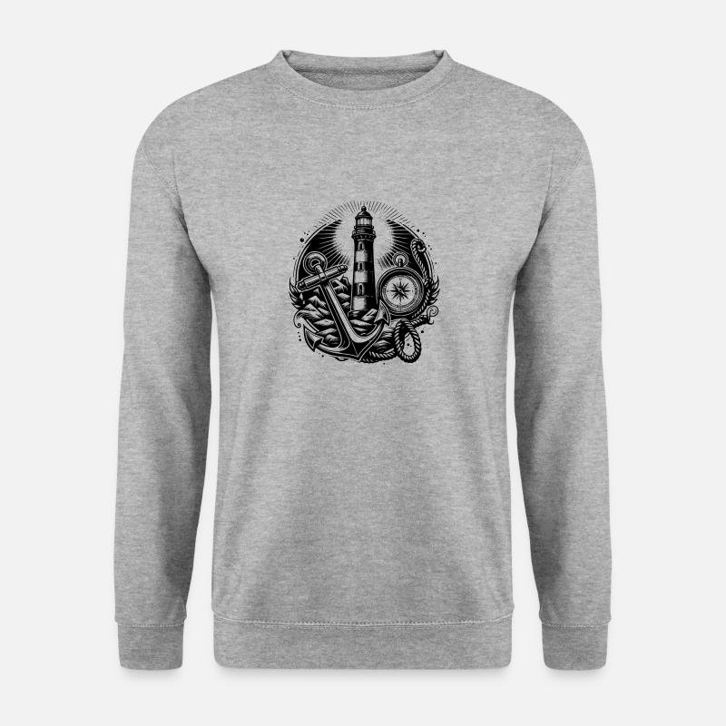 Küsten Leuchtturm mit Kompass Anker und Licht - Unisex Pullover - Weißgrau meliert