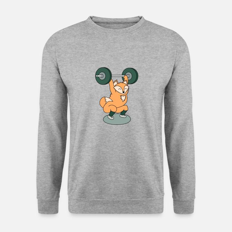 Fuchs beim Gewichtheben mit Langhantel - Unisex Pullover - Weißgrau meliert