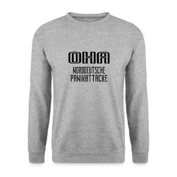 Oha Norddeutsche Panikattacke Spruch Humor Lustig - Unisex Pullover - Weißgrau meliert - Vorne - Alina (178cm) & Michal (187cm)