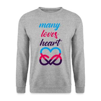 MANY LOVES HEART Polyamorie Liebe Herz - Unisex Pullover - Weißgrau meliert - Vorne - Alina (178cm) & Michal (187cm)
