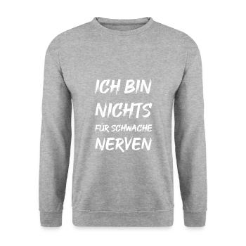 Ich bin nichts für schwache Nerven - Unisex Pullover - Weißgrau meliert - Vorne - Alina (178cm) & Michal (187cm)
