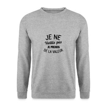 Retraite Cadeau je ne vieillis pas je prends - Unisex Pullover - Weißgrau meliert - Vorne - Alina (178cm) & Michal (187cm)