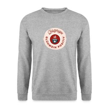Blutgruppe positiv Glühwein Weihnachtsmarkt Spruch - Unisex Pullover - Weißgrau meliert - Vorne - Alina (178cm) & Michal (187cm)