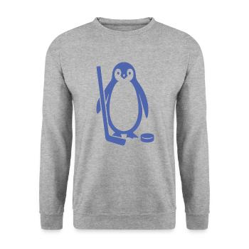 Minimalistischer Pinguin Eishockeyspieler Silhouet - Unisex Pullover - Weißgrau meliert - Vorne - Alina (178cm) & Michal (187cm)