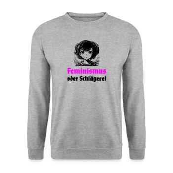 Feminismus oder Schlägerei - Unisex Pullover - Weißgrau meliert - Vorne - Alina (178cm) & Michal (187cm)