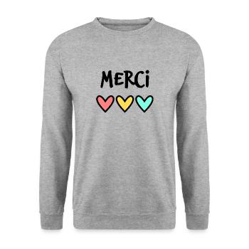 MERCI. THANKS. THANK YOU. ANNIVERSAIRE. NAISSANCE. - Sweat-shirt Unisexe - gris chiné - Devant - Alina (178cm) & Michal (187cm)