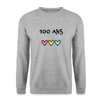 100 ANS. 100e ANNIVERSAIRE. ANNIVERSAIRE 100 ANS. - Sweat-shirt Unisexe - gris chiné - Devant - Alina (178cm) & Michal (187cm)