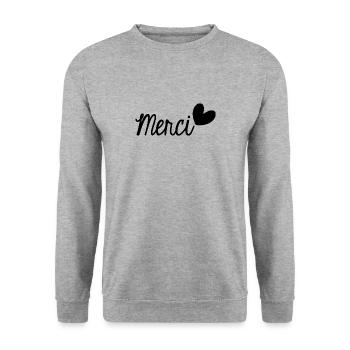 MERCI. THANKS. THANK YOU. ANNIVERSAIRE. NAISSANCE. - Sweat-shirt Unisexe - gris chiné - Devant - Alina (178cm) & Michal (187cm)