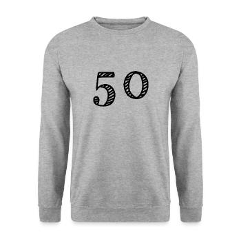 50 JAHRE. 50-jähriges JUBILÄUM. JUBILÄUM 50 JAHRE. 50 - Unisex Pullover - Weißgrau meliert - Vorne - Alina (178cm) & Michal (187cm)