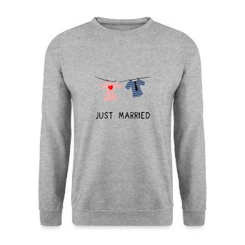 JUST MARRIED. MARRIED. ES LEBE DIE EHE - Unisex Pullover - Weißgrau meliert - Vorne - Alina (178cm) & Michal (187cm)