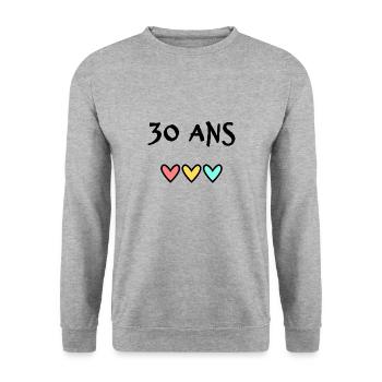 30 ANS. 30e ANNIVERSAIRE. ANNIVERSAIRE 30 ANS. 30 - Sweat-shirt Unisexe - gris chiné - Devant - Alina (178cm) & Michal (187cm)
