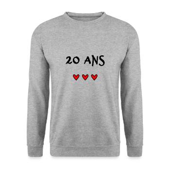 20 ANS. 20e ANNIVERSAIRE. ANNIVERSAIRE 20 ANS. 20 - Sweat-shirt Unisexe - gris chiné - Devant - Alina (178cm) & Michal (187cm)