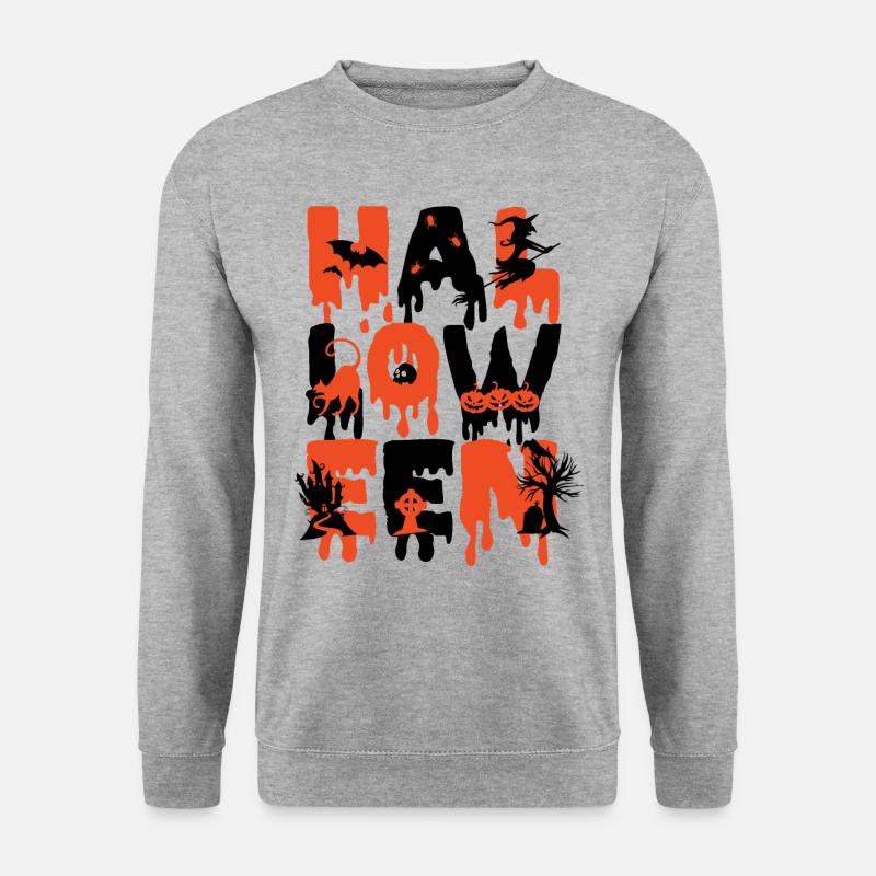 Halloween Hexe, Fledermaus, Kürbis, Cat, Friedhof - Unisex Pullover - Weißgrau meliert