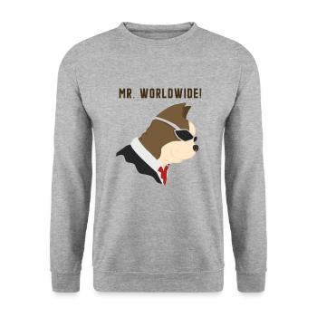 Mr. Worldwide - Lustiges Pitbull T-Shirt - Unisex Pullover - Weißgrau meliert - Vorne - Alina (178cm) & Michal (187cm)