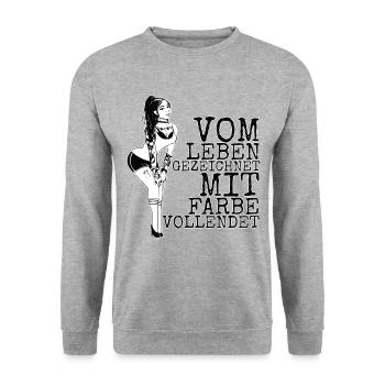 Vom Leben gezeichnet mit Farbe Vollendet -Tattoo - Unisex Pullover - Weißgrau meliert - Vorne - Alina (178cm) & Michal (187cm)