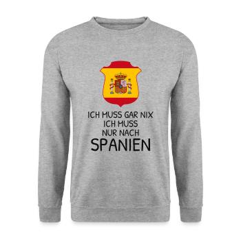 Ich muss gar nichts - Ich muss nur nach Spanien - Unisex Pullover - Weißgrau meliert - Vorne - Alina (178cm) & Michal (187cm)