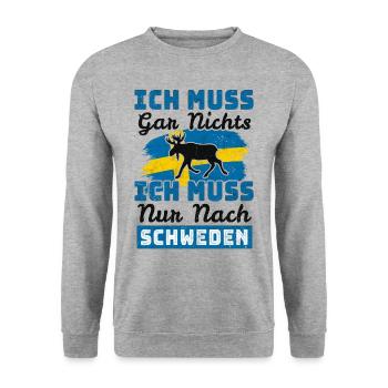Ich Muss Gar Nichts - Ich Muss Nur Nach Schweden - Unisex Pullover - Weißgrau meliert - Vorne - Alina (178cm) & Michal (187cm)