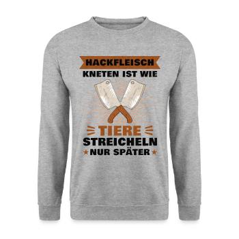 Hackfleisch kneten ist wie Tiere streicheln Metzge - Unisex Pullover - Weißgrau meliert - Vorne - Alina (178cm) & Michal (187cm)