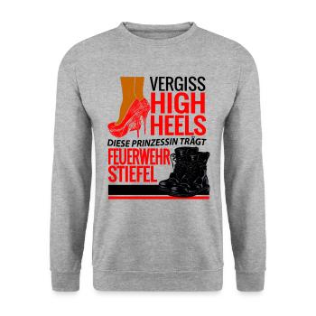 Prinzessin Frau Feuerwehr Stiefel High Heels - Unisex Pullover - Weißgrau meliert - Vorne - Alina (178cm) & Michal (187cm)