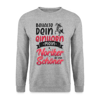 Behalte dein Einhorn Mein Noriker ist viel schöner - Unisex Pullover - Weißgrau meliert - Vorne - Alina (178cm) & Michal (187cm)