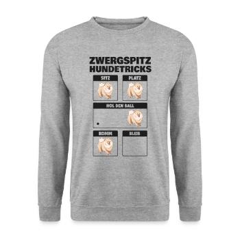 Zwergspitz Hundetricks Pomeranian Hund - Unisex Pullover - Weißgrau meliert - Vorne - Alina (178cm) & Michal (187cm)