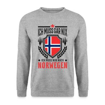 Ich muss gar nix Ich muss nur nach Norwegen Reise - Unisex Pullover - Weißgrau meliert - Vorne - Alina (178cm) & Michal (187cm)