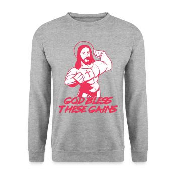 Funny Muscle Jesus Weightlifting Workout Humor - Unisex Sweatshirt - salt & pepper - Front - Alina (178cm) & Michal (187cm)