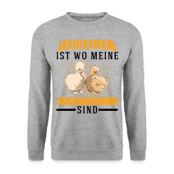 Zuhause ist wo meine Seidenhühner sind Seidenhuhn - Unisex Pullover - Weißgrau meliert - Vorne - Alina (178cm) & Michal (187cm)