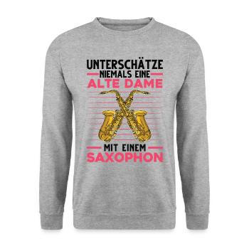 Saxophonistin Alte Dame Saxophonspielerin Saxophon - Unisex Pullover - Weißgrau meliert - Vorne - Alina (178cm) & Michal (187cm)