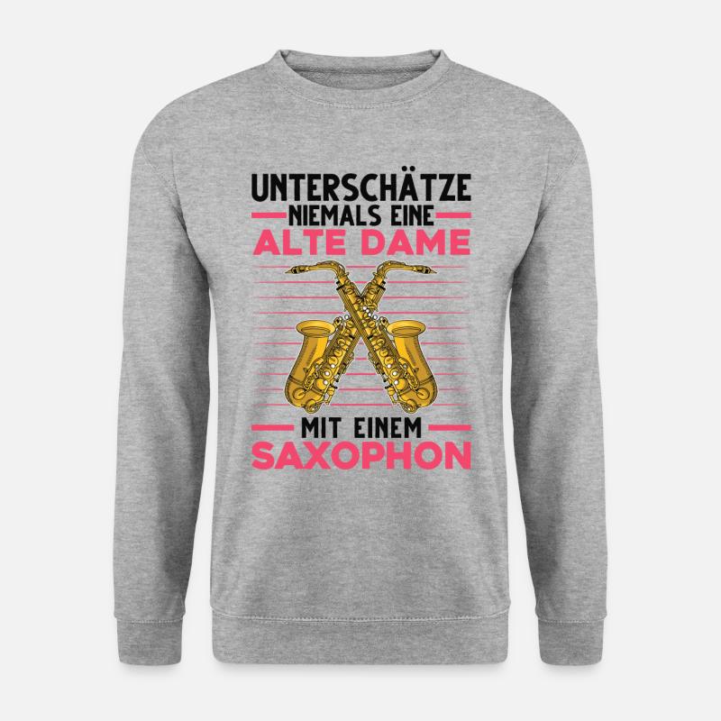 Saxophonistin Alte Dame Saxophonspielerin Saxophon - Unisex Pullover - Weißgrau meliert