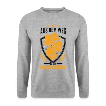 Aus dem Weg Die Pilze rufen Pilzkorb Pilzsammler - Unisex Pullover - Weißgrau meliert - Vorne - Alina (178cm) & Michal (187cm)