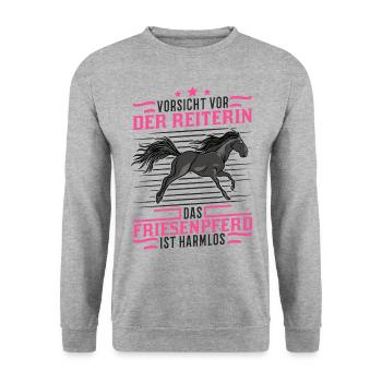 Friesenpferd Friese Vorsicht vor Reiterin - Unisex Pullover - Weißgrau meliert - Vorne - Alina (178cm) & Michal (187cm)
