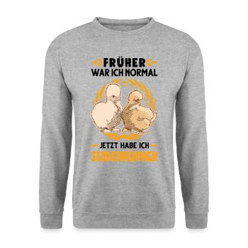 Seidenhuhn Spruch Seidenhühner Silkie Huhn - Unisex Pullover - Weißgrau meliert - Vorne - Alina (178cm) & Michal (187cm)