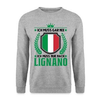 Ich muss gar nix Ich muss nur nach Lignano Italien - Unisex Pullover - Weißgrau meliert - Vorne - Alina (178cm) & Michal (187cm)
