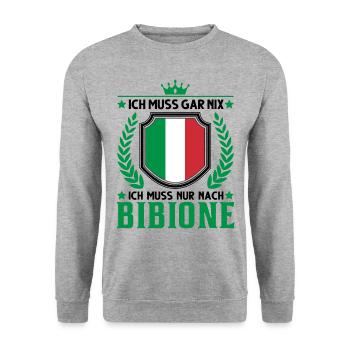 Ich muss gar nix Ich muss nur nach Bibione Italien - Unisex Pullover - Weißgrau meliert - Vorne - Alina (178cm) & Michal (187cm)