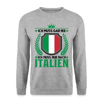 Ich muss gar nix Ich muss nur nach Italien Lignano - Unisex Pullover - Weißgrau meliert - Vorne - Alina (178cm) & Michal (187cm)